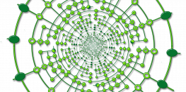 Green circular network pattern with nodes and connections on a black background.