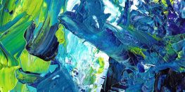 Vivid abstract painting with strokes of blue, green, and purple paint.