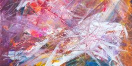 Chaotic abstract painting with a web of intersecting lines and mixed colors.